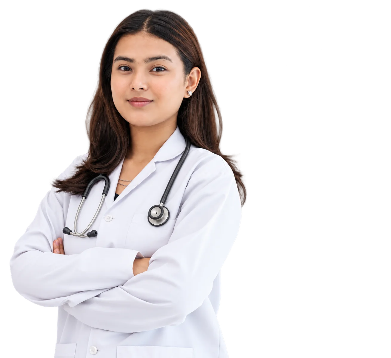 NIMS medical student wearing a white coat and stethoscope